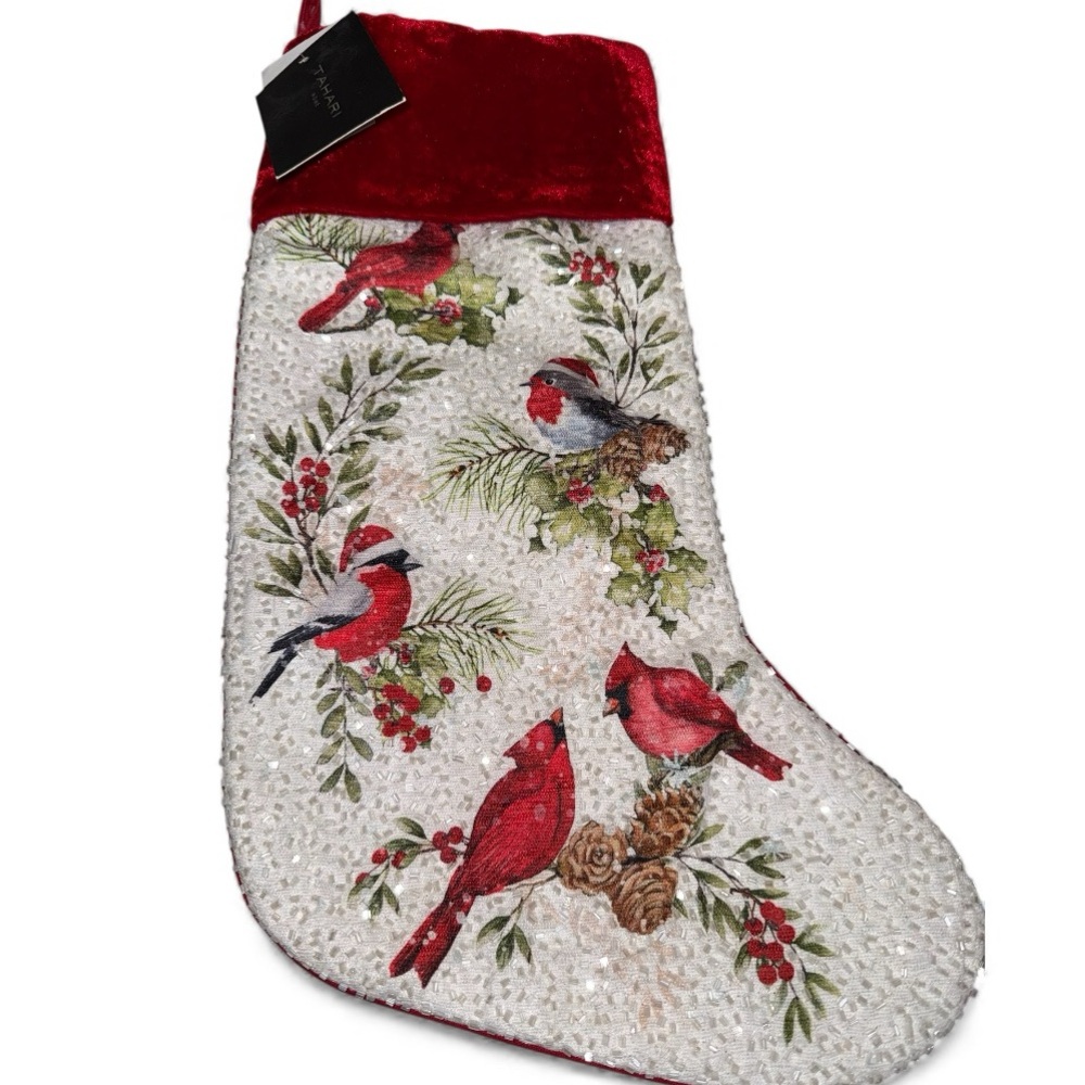 Tahari Home Red Christmas Stocking Beaded Cardinal Bird Pine Cone New 22”